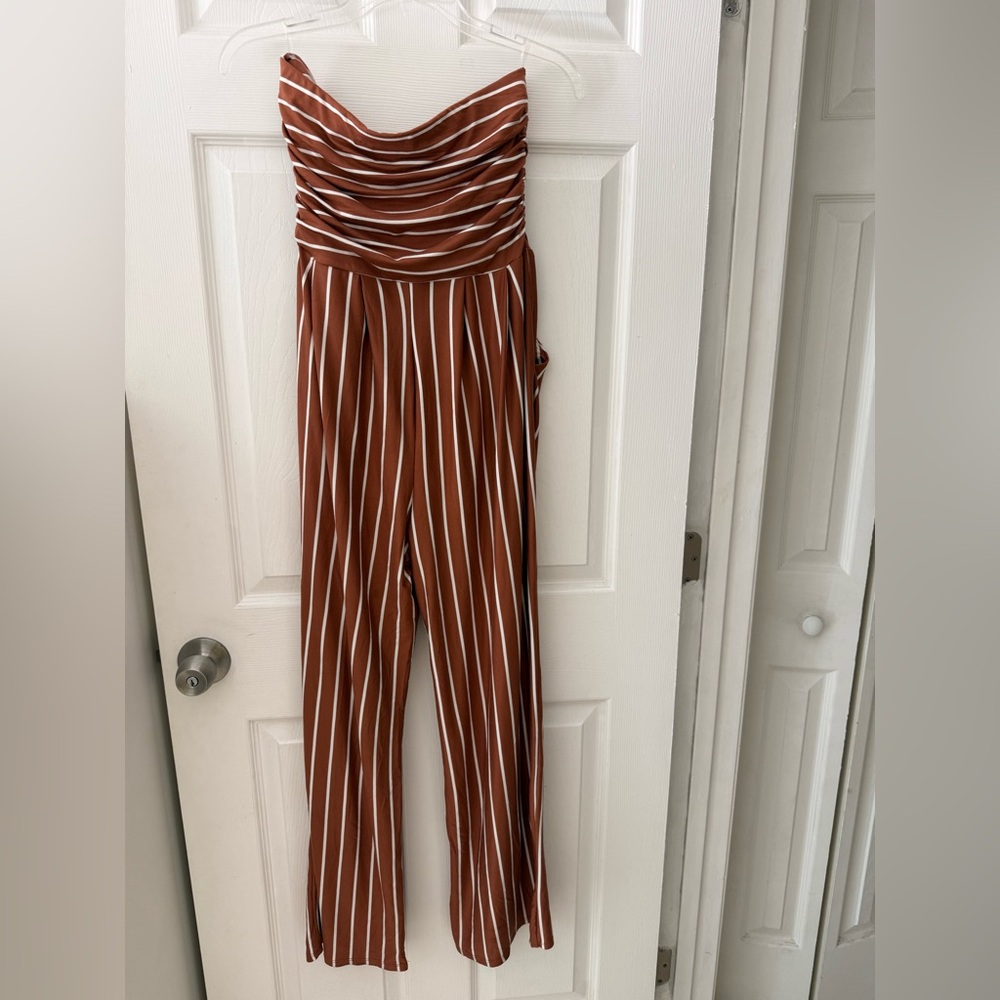 Heart ❤️ Hips Strapless Rust Brown & White Striped Jumpsuit